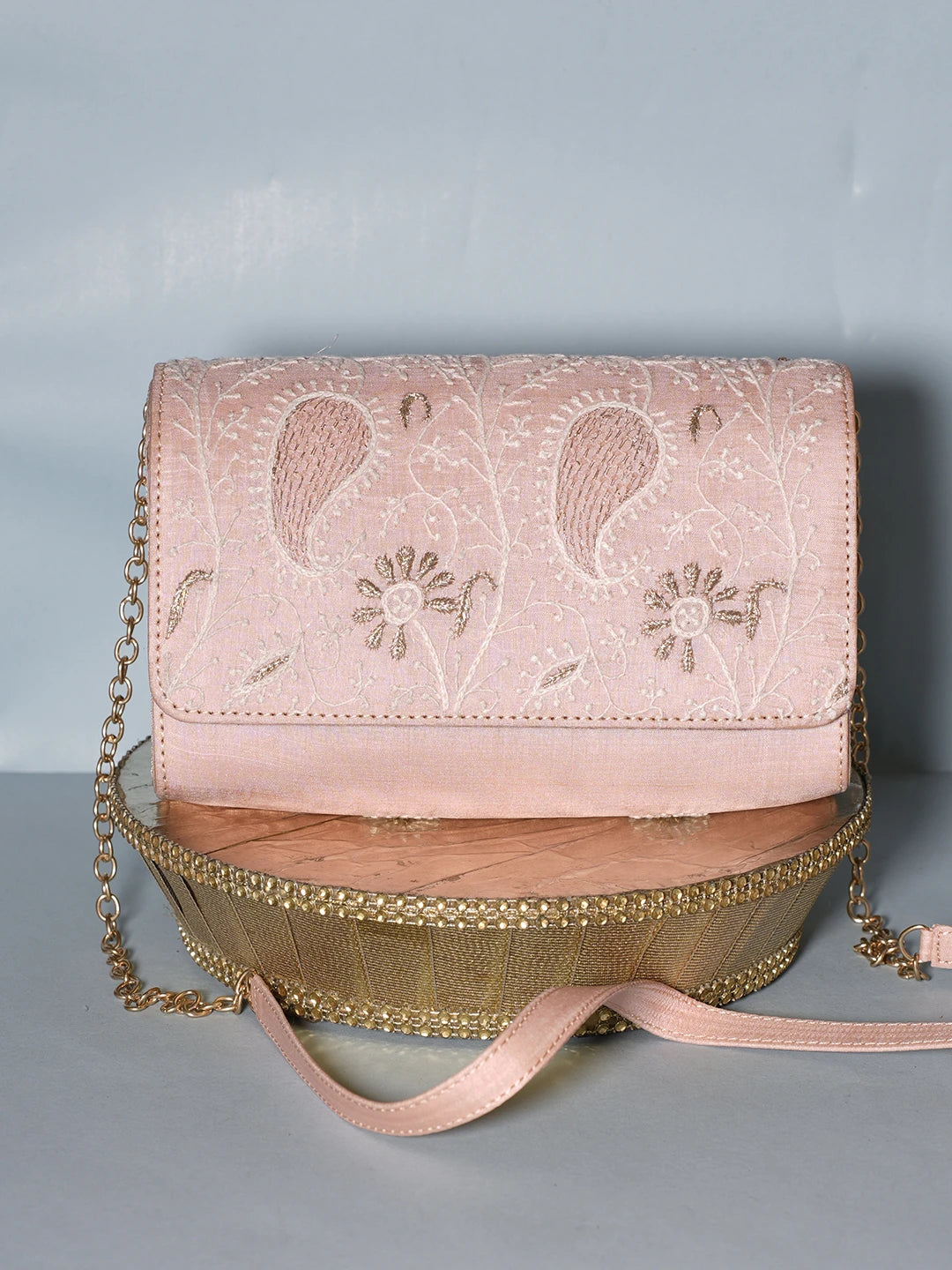 Ada Hand Embroidered Peach Silk Lucknowi Chikankari Clutch With Zari Work 01A538753