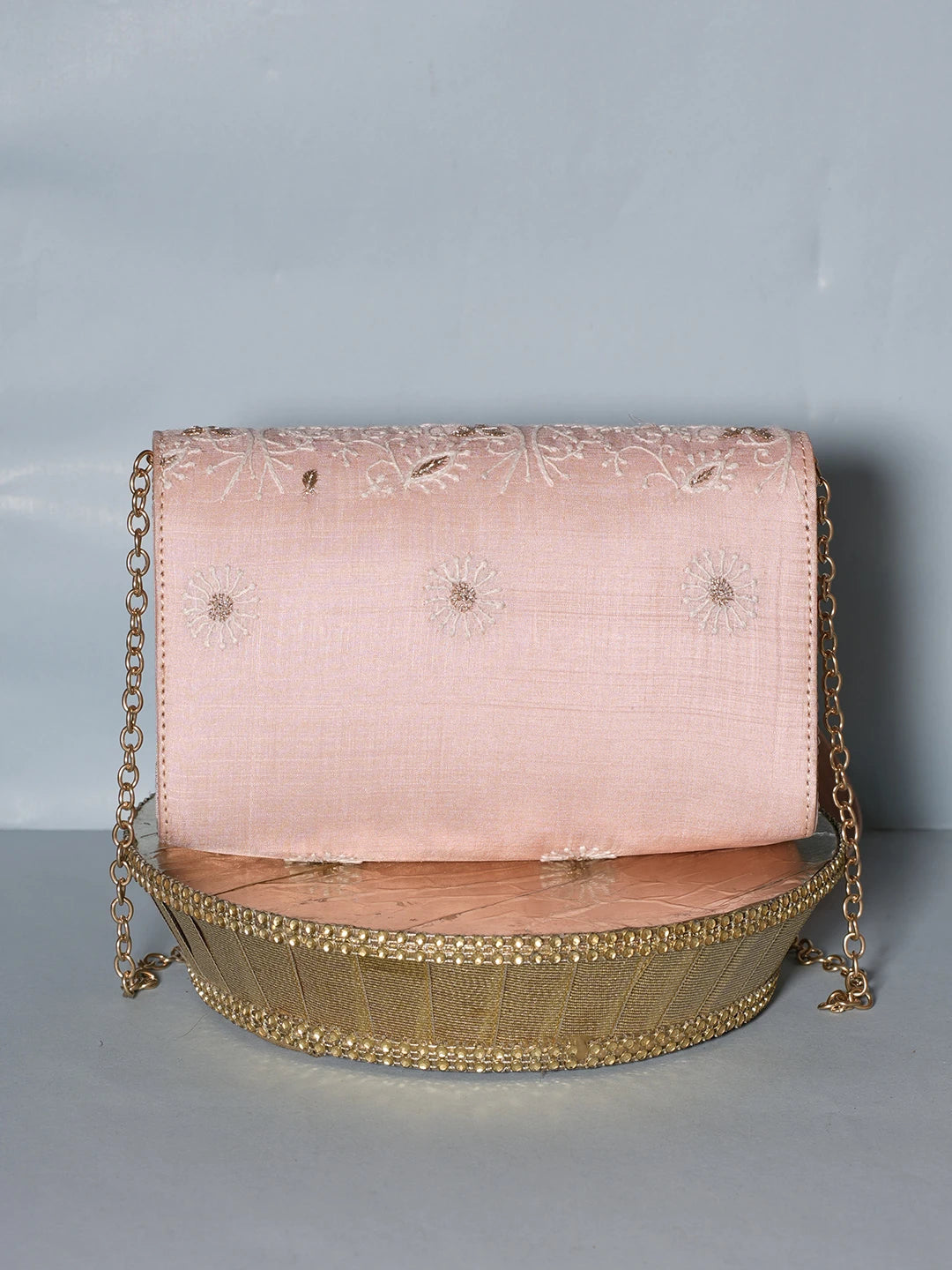 Ada Hand Embroidered Peach Silk Lucknowi Chikankari Clutch With Zari Work 01A538753