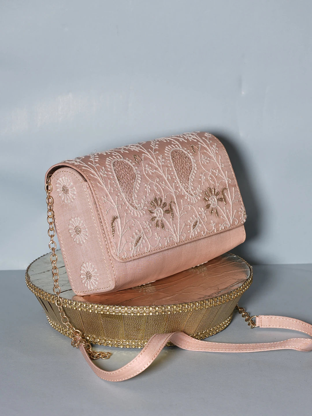 Ada Hand Embroidered Peach Silk Lucknowi Chikankari Clutch With Zari Work 01A538753