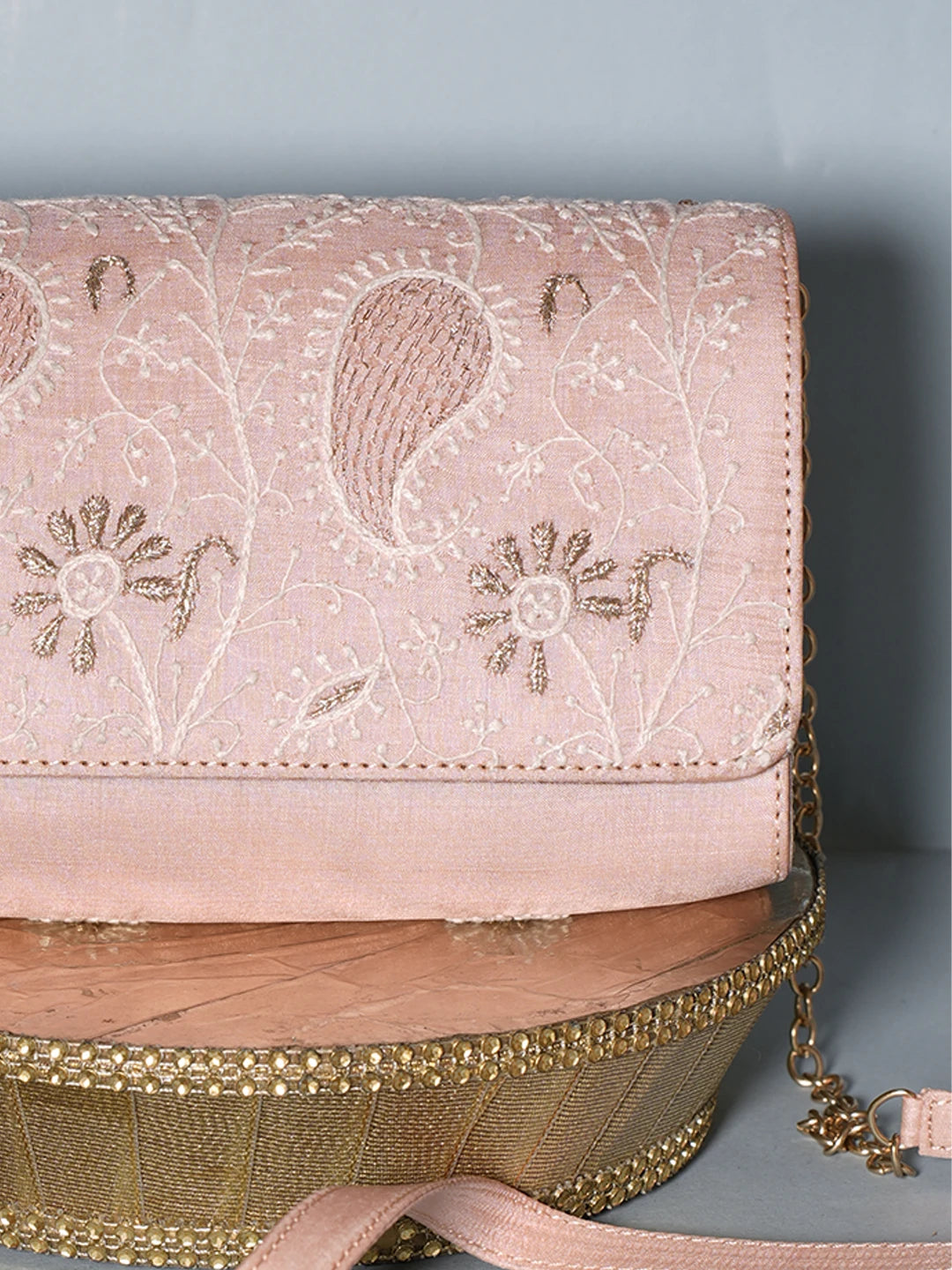 Ada Hand Embroidered Peach Silk Lucknowi Chikankari Clutch With Zari Work 01A538753