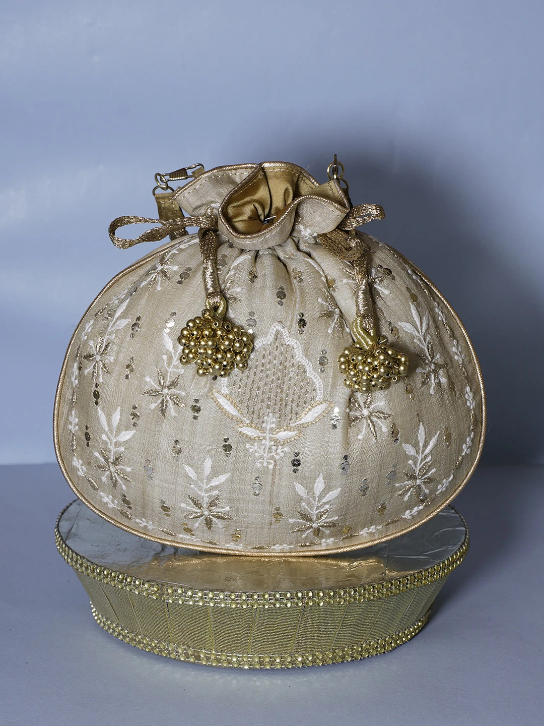 Ada Hand Embroidered Fawn Silk Lucknowi Chikankari Potli Bag With Zari Work 01A540001