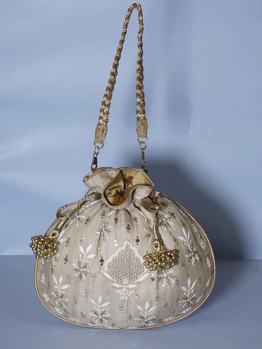 Ada Hand Embroidered Fawn Silk Lucknowi Chikankari Potli Bag With Zari Work 01A540001