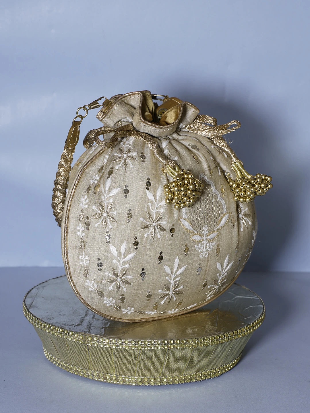 Ada Hand Embroidered Fawn Silk Lucknowi Chikankari Potli Bag With Zari Work 01A540001