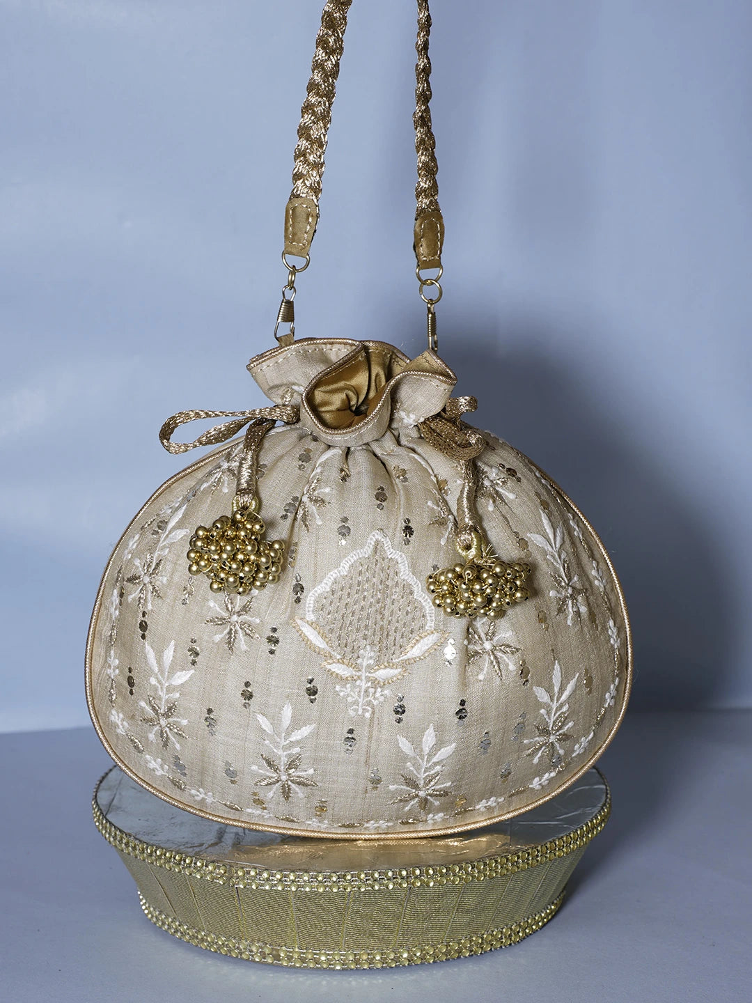 Ada Hand Embroidered Fawn Silk Lucknowi Chikankari Potli Bag With Zari Work 01A540001