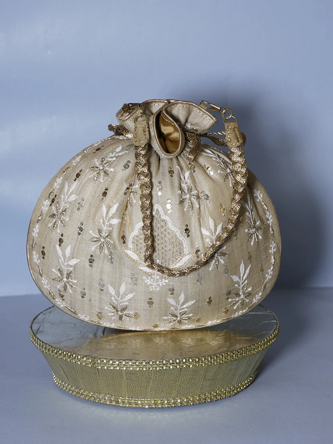 Ada Hand Embroidered Fawn Silk Lucknowi Chikankari Potli Bag With Zari Work 01A540001