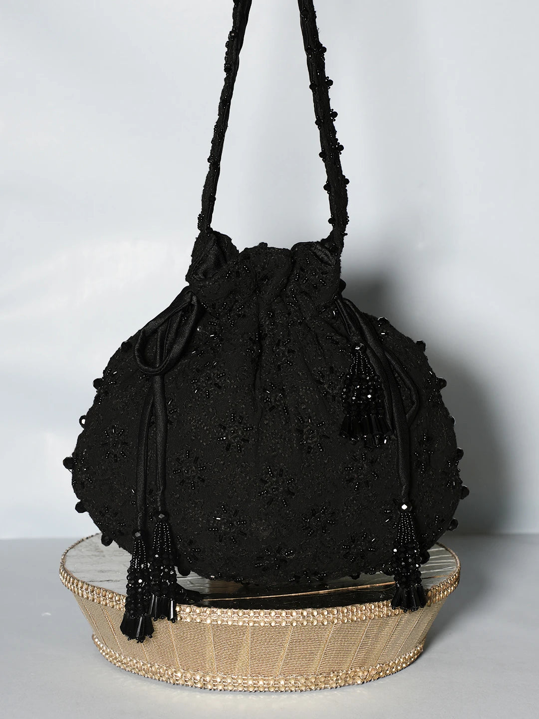 Ada Hand Embroidered Jet Black Cotton Lucknowi Chikankari Potli Bag With Cutdana Work 01A539123