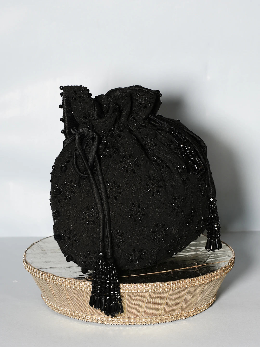 Ada Hand Embroidered Jet Black Cotton Lucknowi Chikankari Potli Bag With Cutdana Work 01A539123