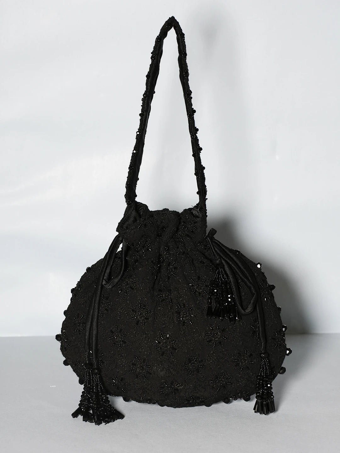 Ada Hand Embroidered Jet Black Cotton Lucknowi Chikankari Potli Bag With Cutdana Work 01A539123