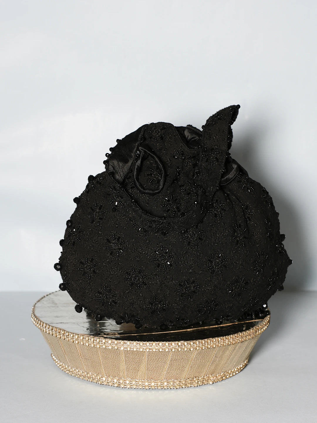 Ada Hand Embroidered Jet Black Cotton Lucknowi Chikankari Potli Bag With Cutdana Work 01A539123