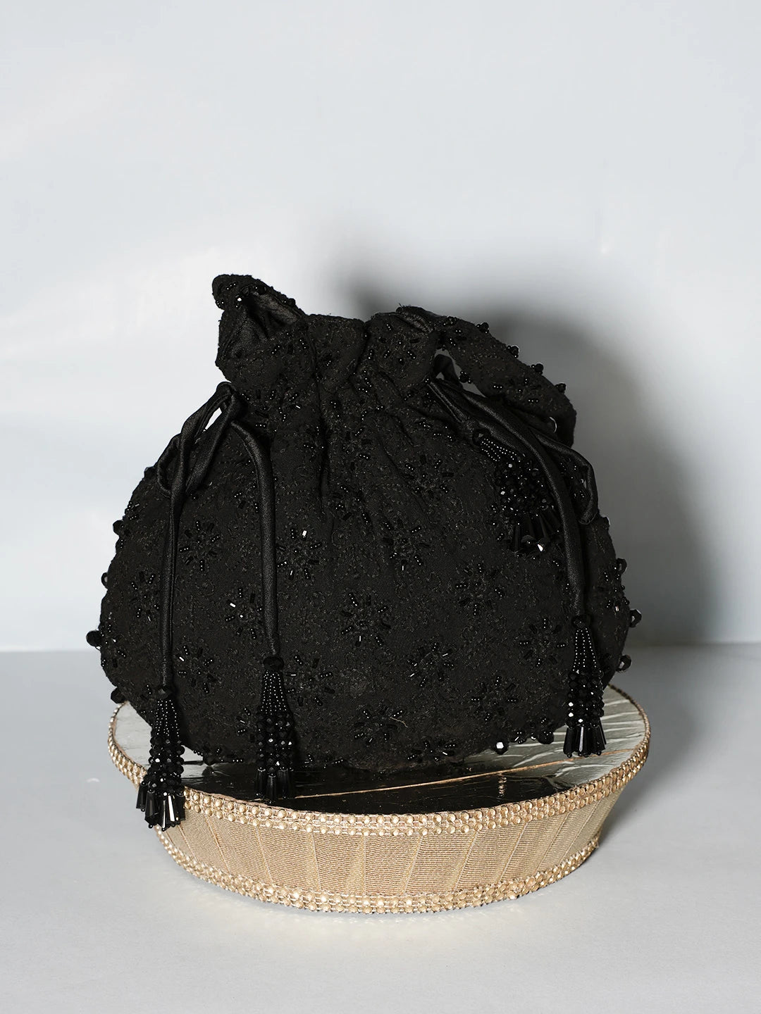 Ada Hand Embroidered Jet Black Cotton Lucknowi Chikankari Potli Bag With Cutdana Work 01A539123