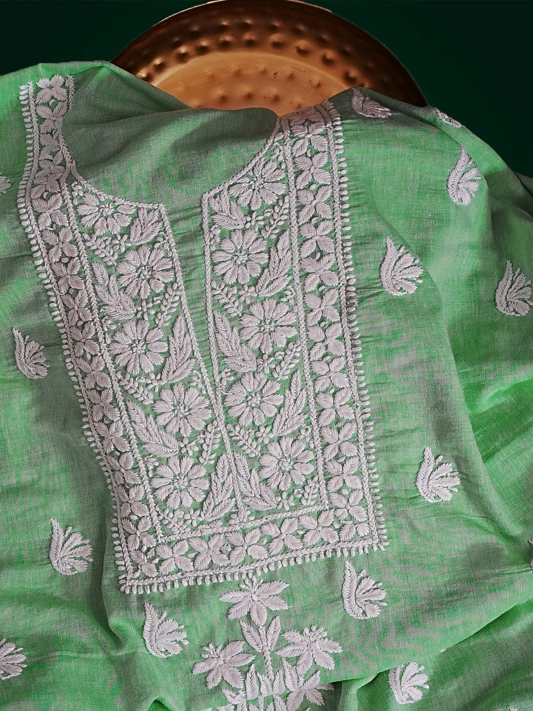 Ada Hand Embroidered Green Modal Lucknowi Chikankari Unstitched Kurta Piece 01A535421