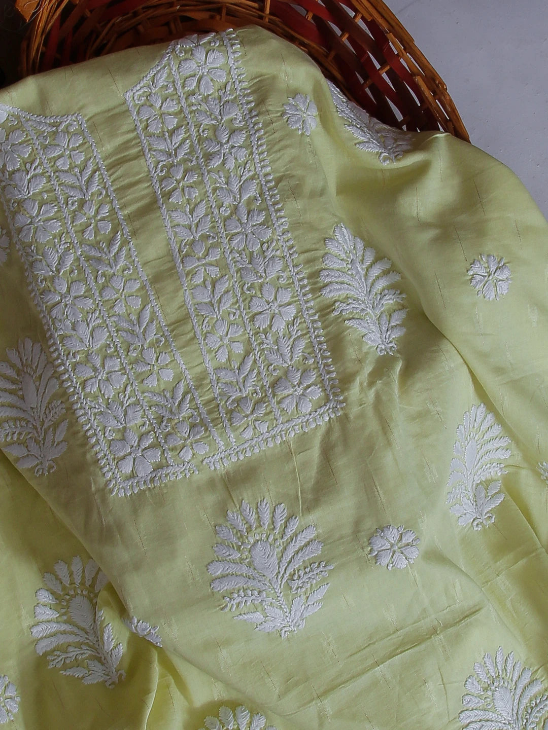 Ada Hand Embroidered Lime Green Modal Lucknowi Chikankari Unstitched Kurta Piece 01A535379