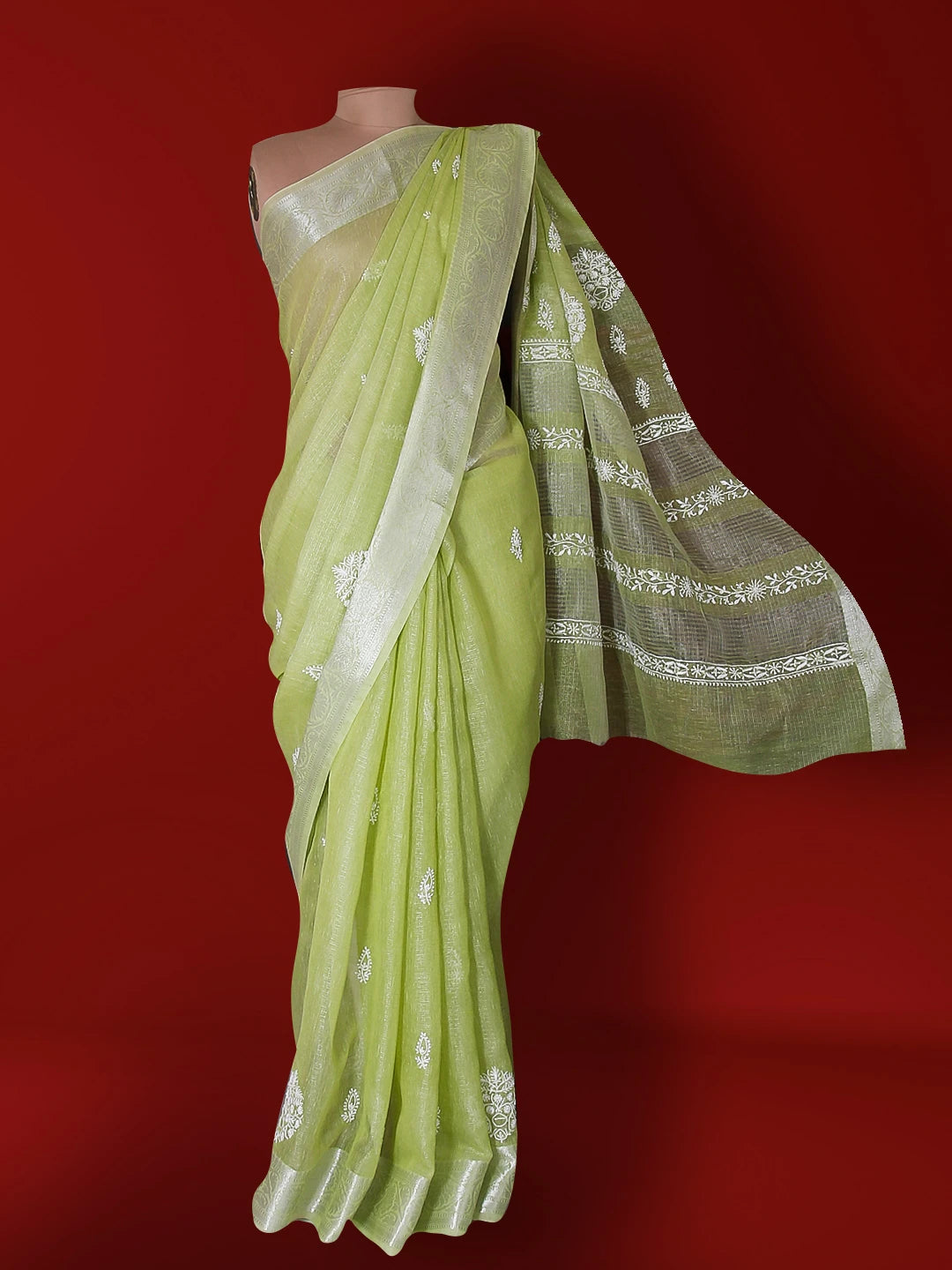 Ada Hand Embroidered Pista Green Tissue Lucknowi Chikankari Saree With Blouse 01A526527