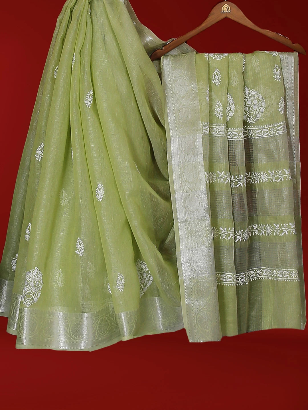Ada Hand Embroidered Pista Green Tissue Lucknowi Chikankari Saree With Blouse 01A526527