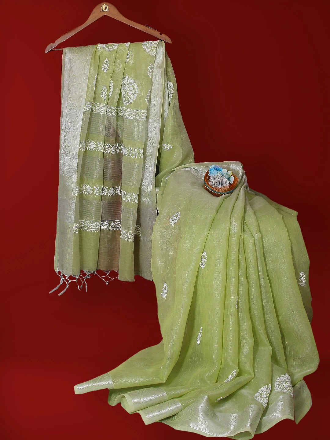 Ada Hand Embroidered Pista Green Tissue Lucknowi Chikankari Saree With Blouse 01A526527