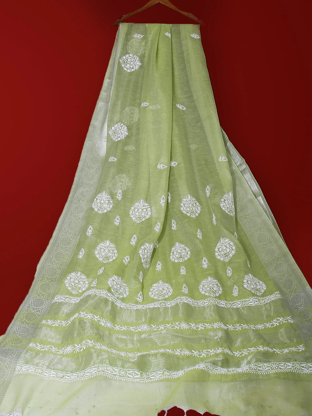 Ada Hand Embroidered Pista Green Tissue Lucknowi Chikankari Saree With Blouse 01A526527