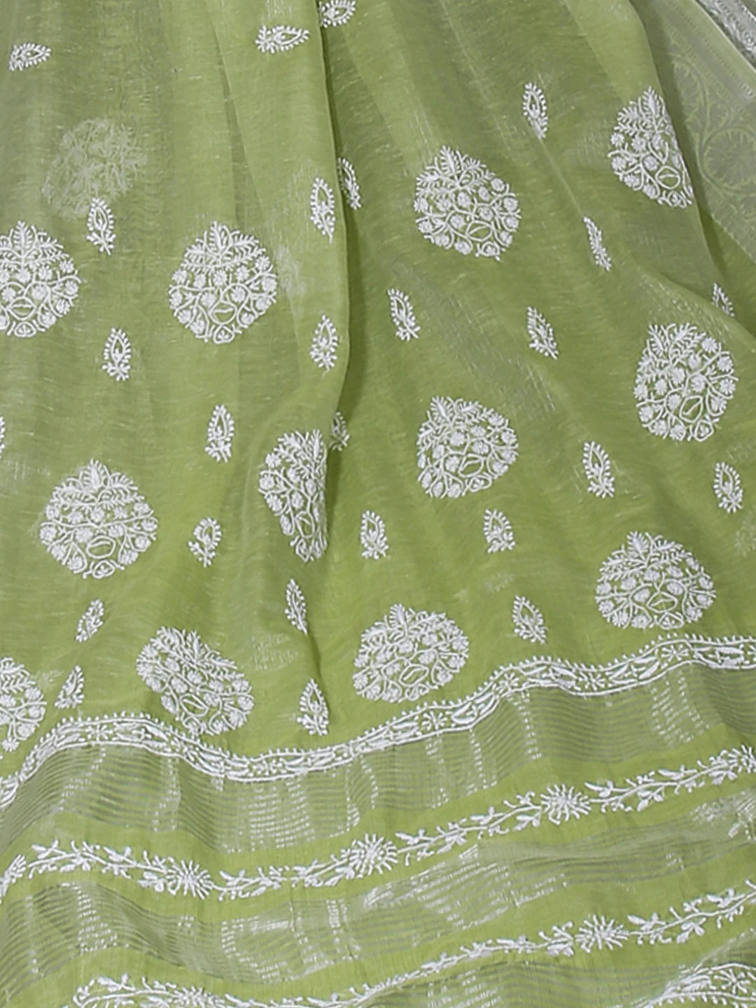 Ada Hand Embroidered Pista Green Tissue Lucknowi Chikankari Saree With Blouse 01A526527