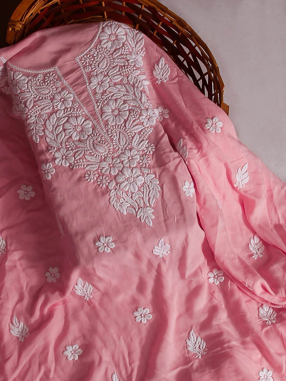 Ada Hand Embroidered Pink Modal Lucknowi Chikankari Unstitched Kurta Piece 01A535447