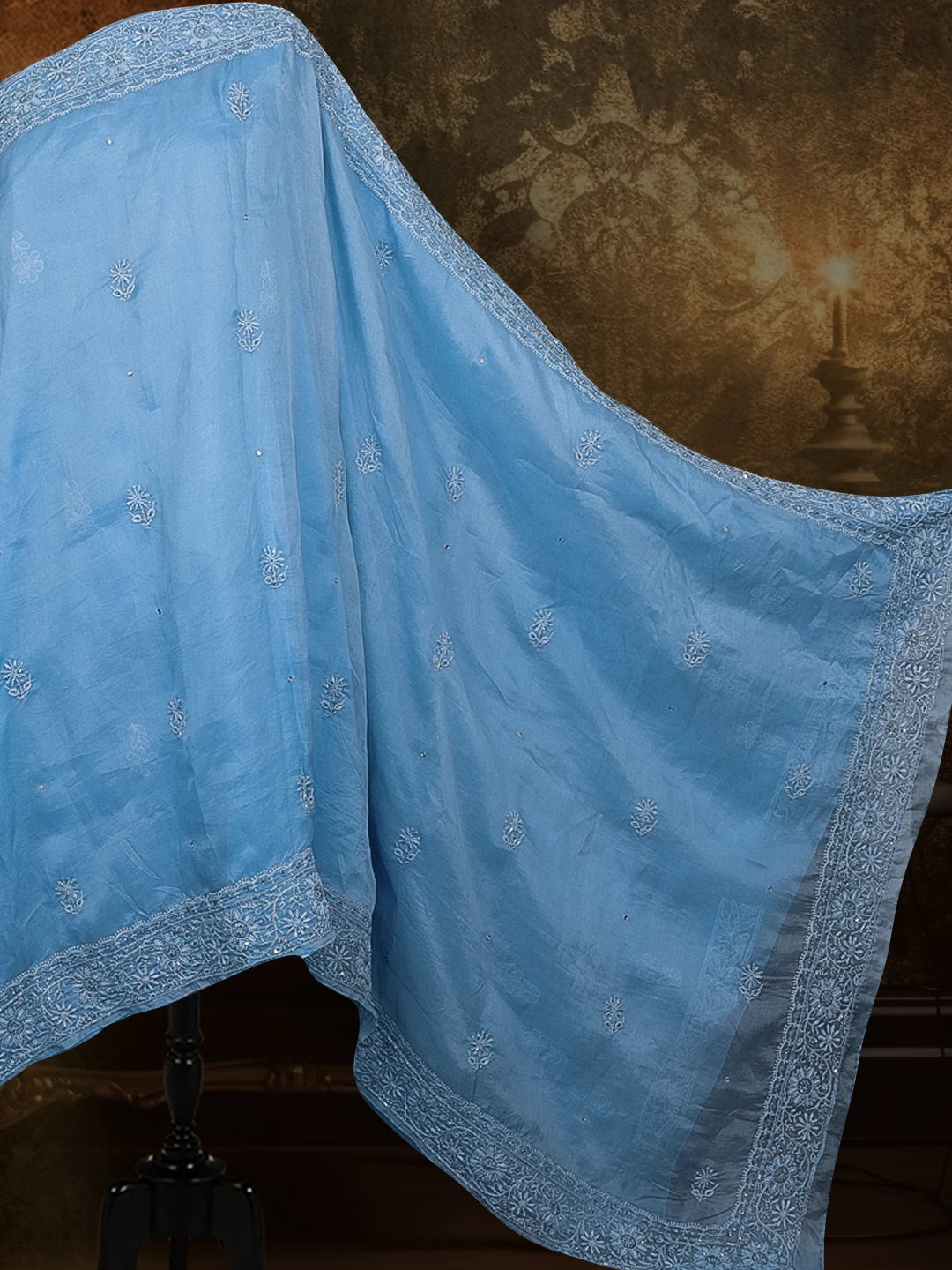Ada Hand Embroidered Baby Blue Organza Lucknowi Chikankari Saree and Blouse With Cutdana Work 01A396664