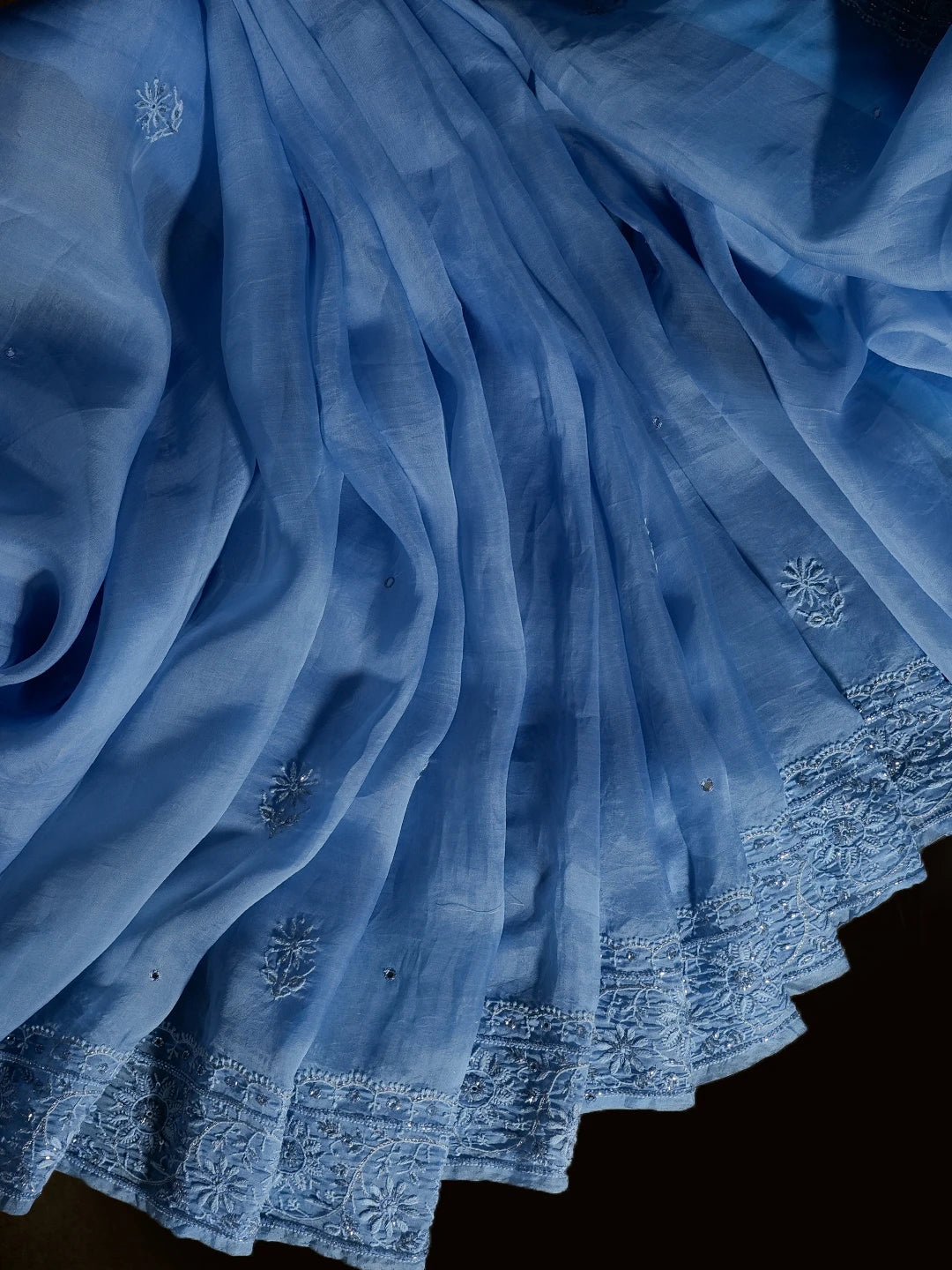 Ada Hand Embroidered Baby Blue Organza Lucknowi Chikankari Saree and Blouse With Cutdana Work 01A396664