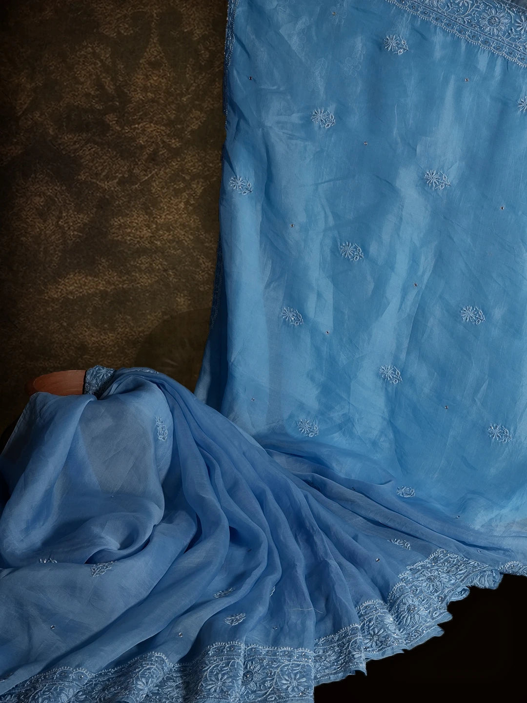 Ada Hand Embroidered Baby Blue Organza Lucknowi Chikankari Saree and Blouse With Cutdana Work 01A396664