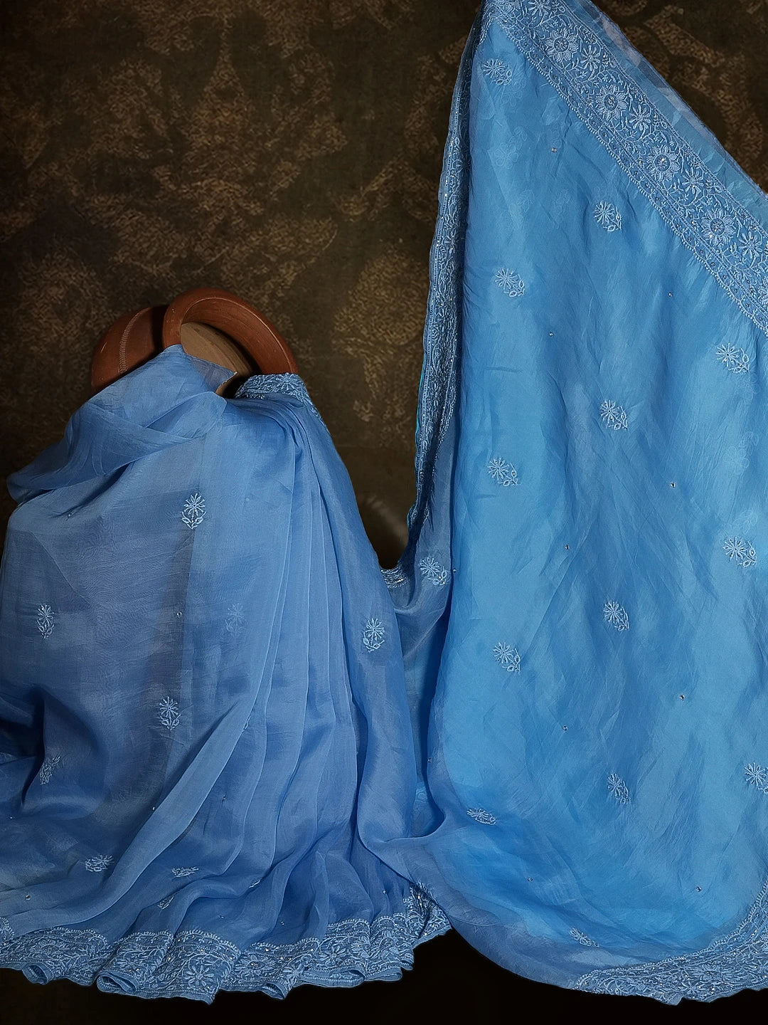 Ada Hand Embroidered Baby Blue Organza Lucknowi Chikankari Saree and Blouse With Cutdana Work 01A396664