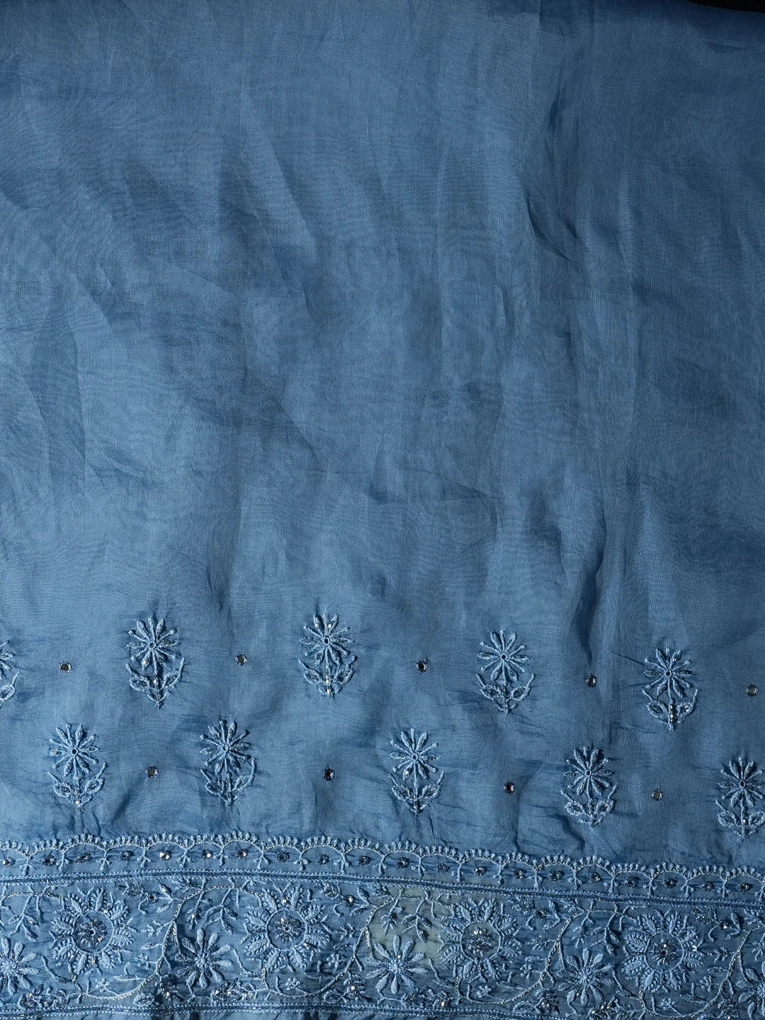 Ada Hand Embroidered Baby Blue Organza Lucknowi Chikankari Saree and Blouse With Cutdana Work 01A396664