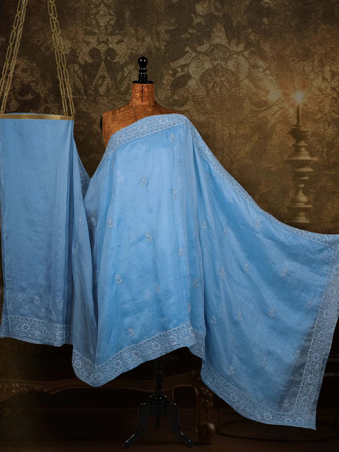 Ada Hand Embroidered Baby Blue Organza Lucknowi Chikankari Saree and Blouse With Cutdana Work 01A396664