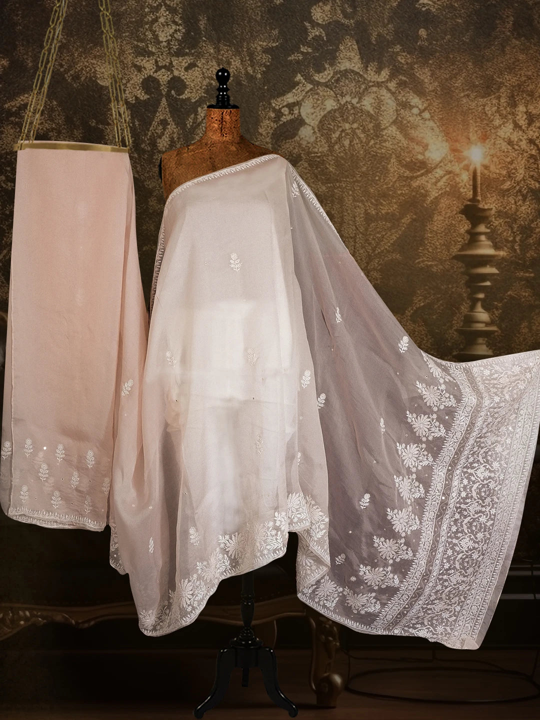 Ada Hand Embroidered Heather Peach Organza Lucknowi Chikankari Saree and Blouse With Mirror Work 01A459974