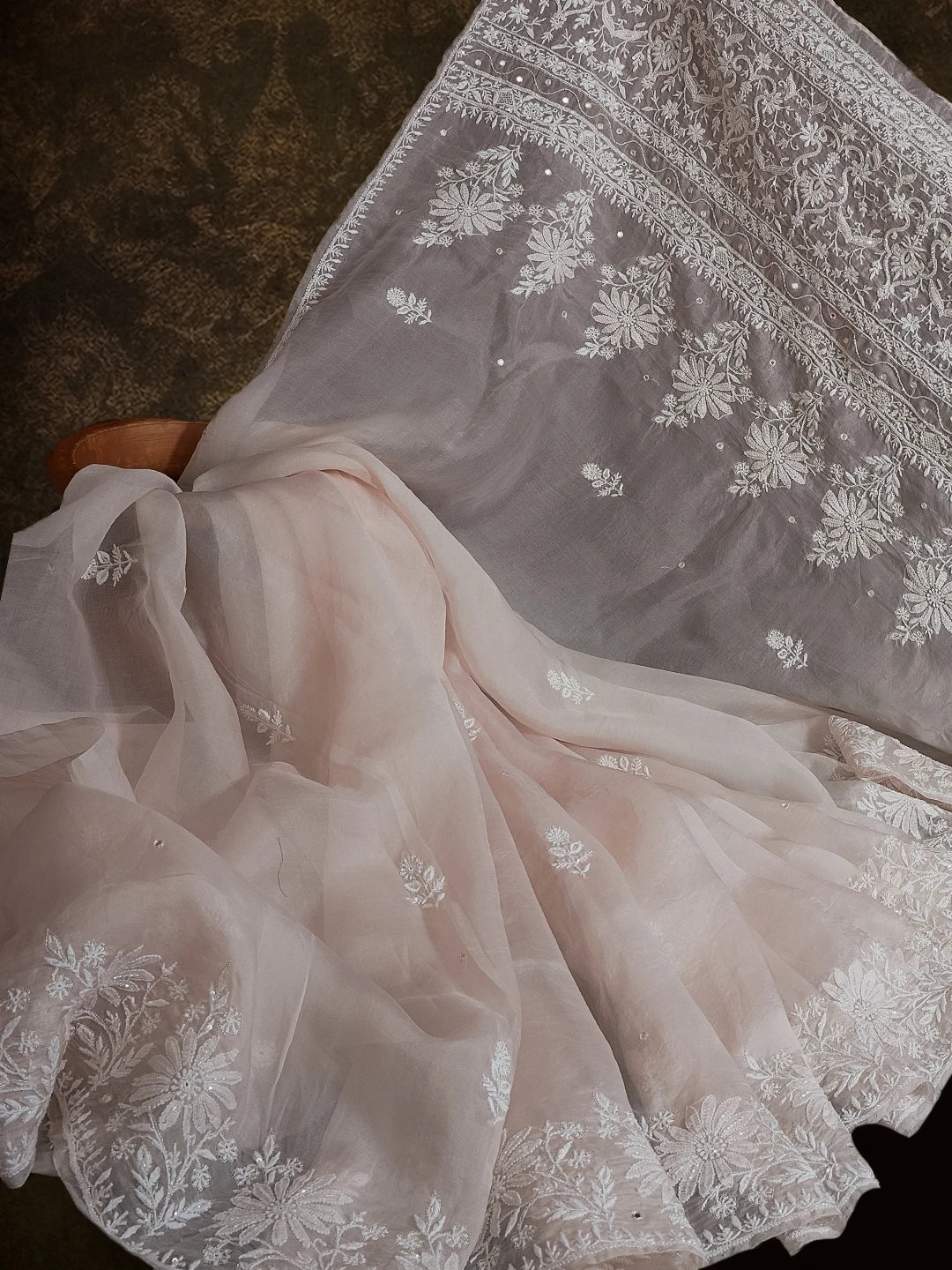 Ada Hand Embroidered Heather Peach Organza Lucknowi Chikankari Saree and Blouse With Mirror Work 01A459974