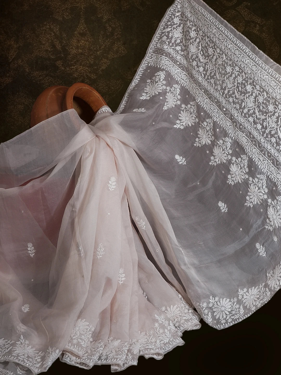 Ada Hand Embroidered Heather Peach Organza Lucknowi Chikankari Saree and Blouse With Mirror Work 01A459974