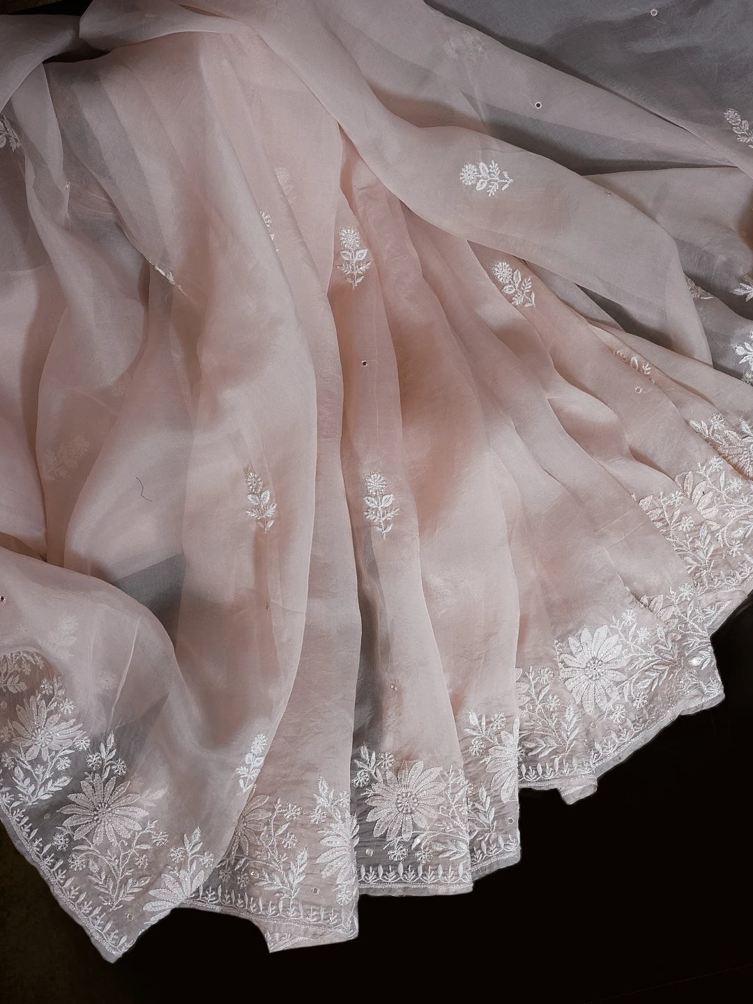 Ada Hand Embroidered Heather Peach Organza Lucknowi Chikankari Saree and Blouse With Mirror Work 01A459974