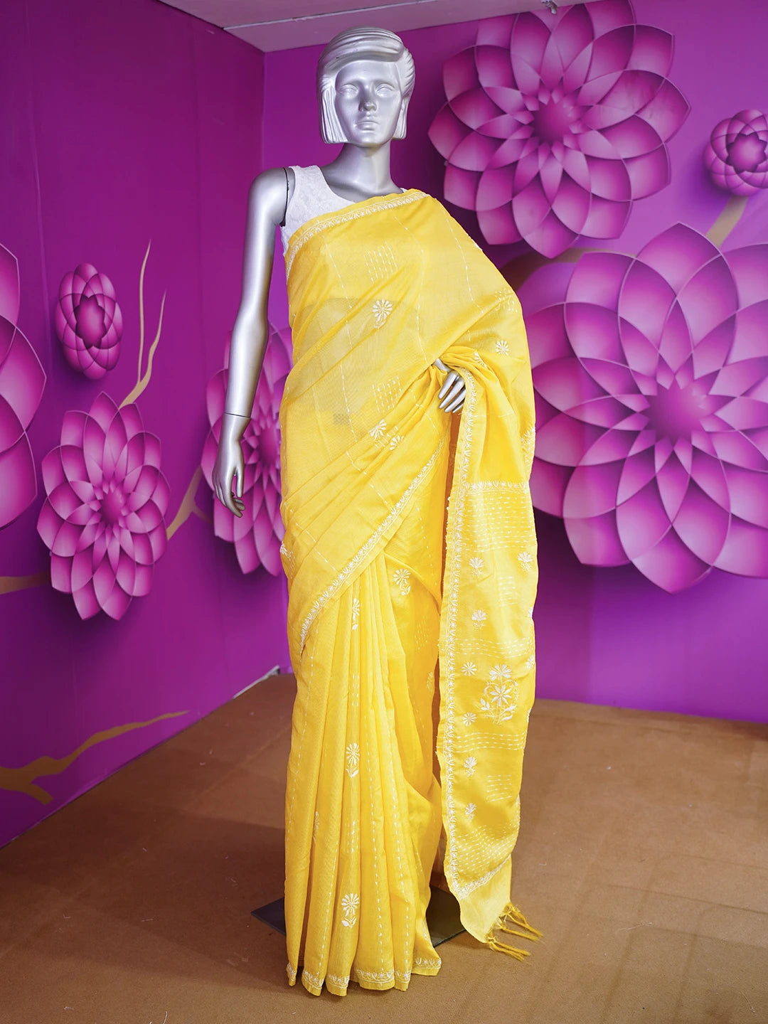 Ada Hand Embroidered Sunflower Yellow Silk Lucknowi Chikankari Saree With Blouse 01A376424