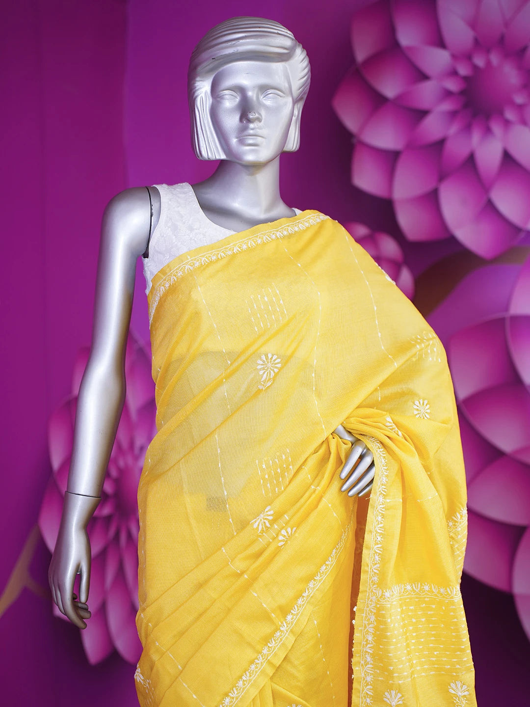 Ada Hand Embroidered Sunflower Yellow Silk Lucknowi Chikankari Saree With Blouse 01A376424