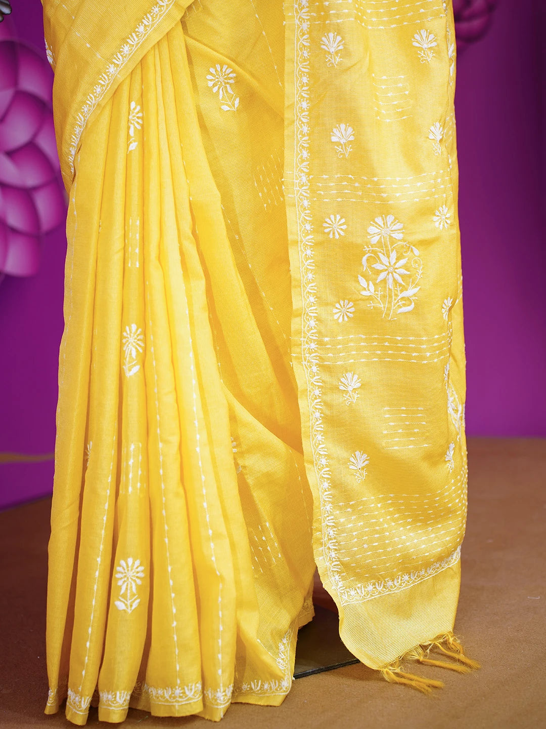 Ada Hand Embroidered Sunflower Yellow Silk Lucknowi Chikankari Saree With Blouse 01A376424