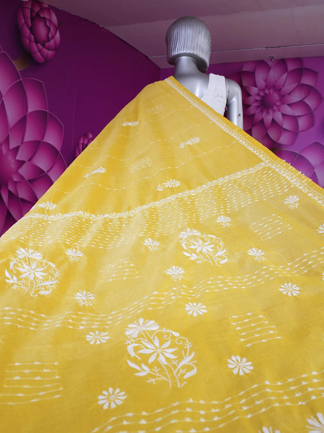 Ada Hand Embroidered Sunflower Yellow Silk Lucknowi Chikankari Saree With Blouse 01A376424