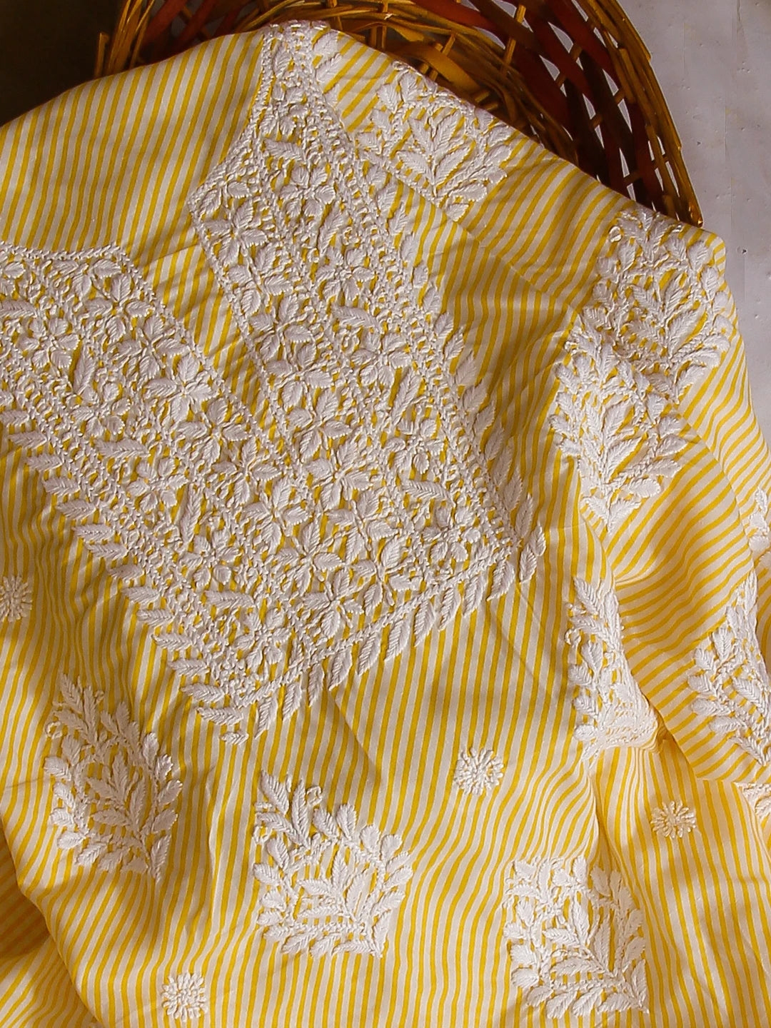 Ada Hand Embroidered Yellow Cotton Lucknowi Chikankari Unstitched Kurta Piece 01A514347