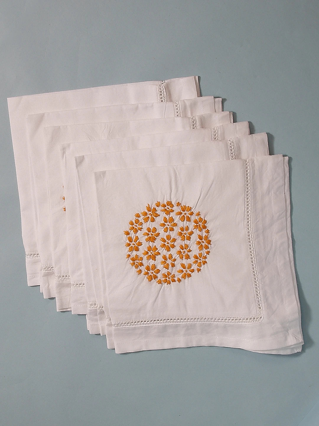 Ada Hand Embroidered White Cotton Lucknowi Chikan Napkin Set 01A394744