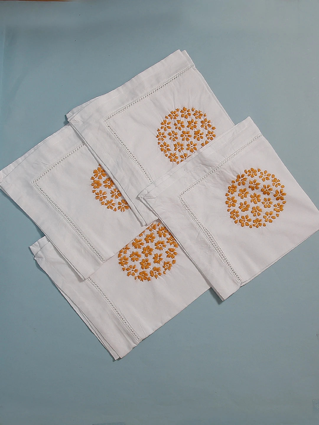 Ada Hand Embroidered White Cotton Lucknowi Chikan Napkin Set 01A394744