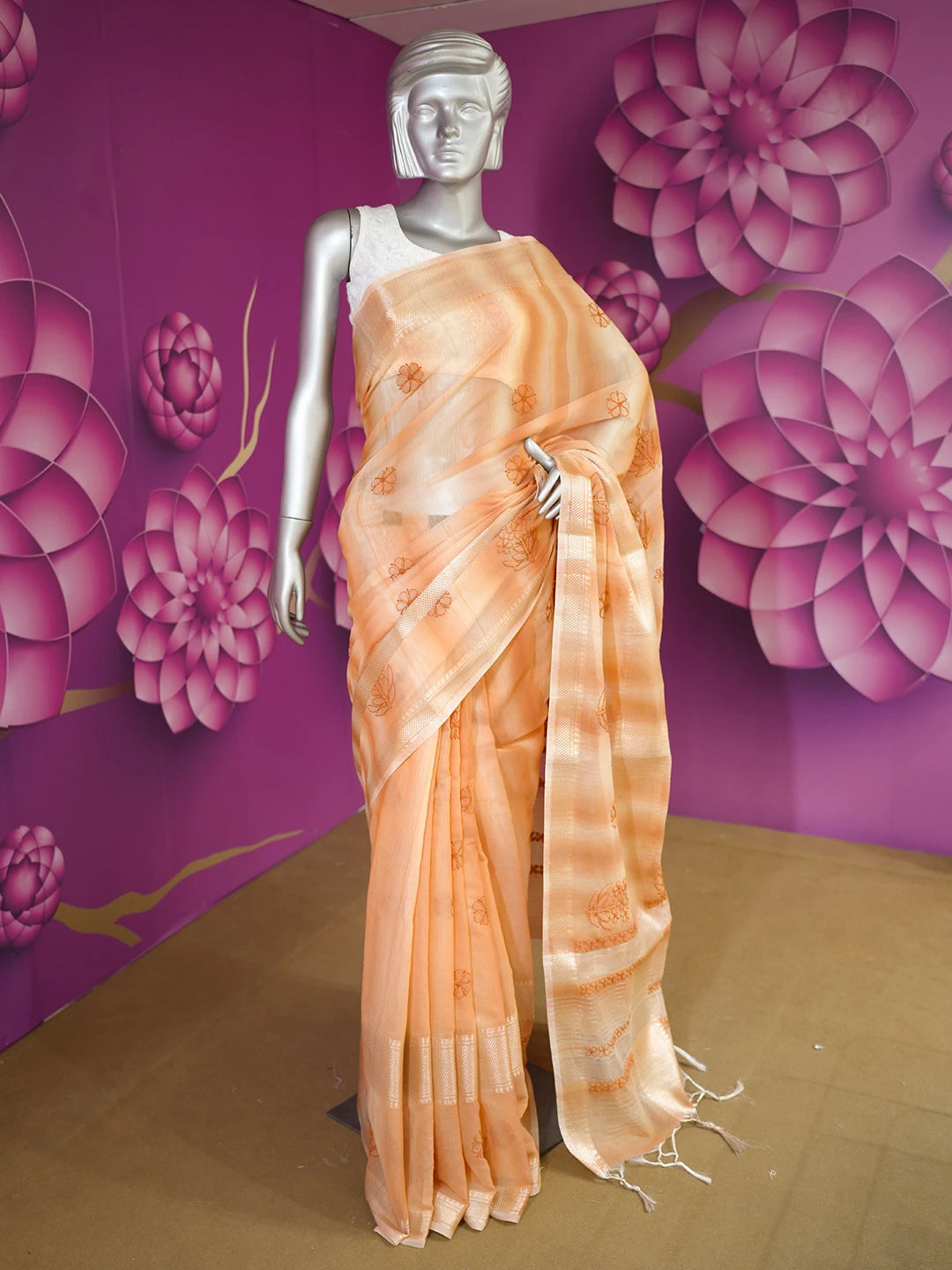 Ada Hand Embroidered Rust Chanderi Lucknowi Chikankari Saree and Blouse 01A401906