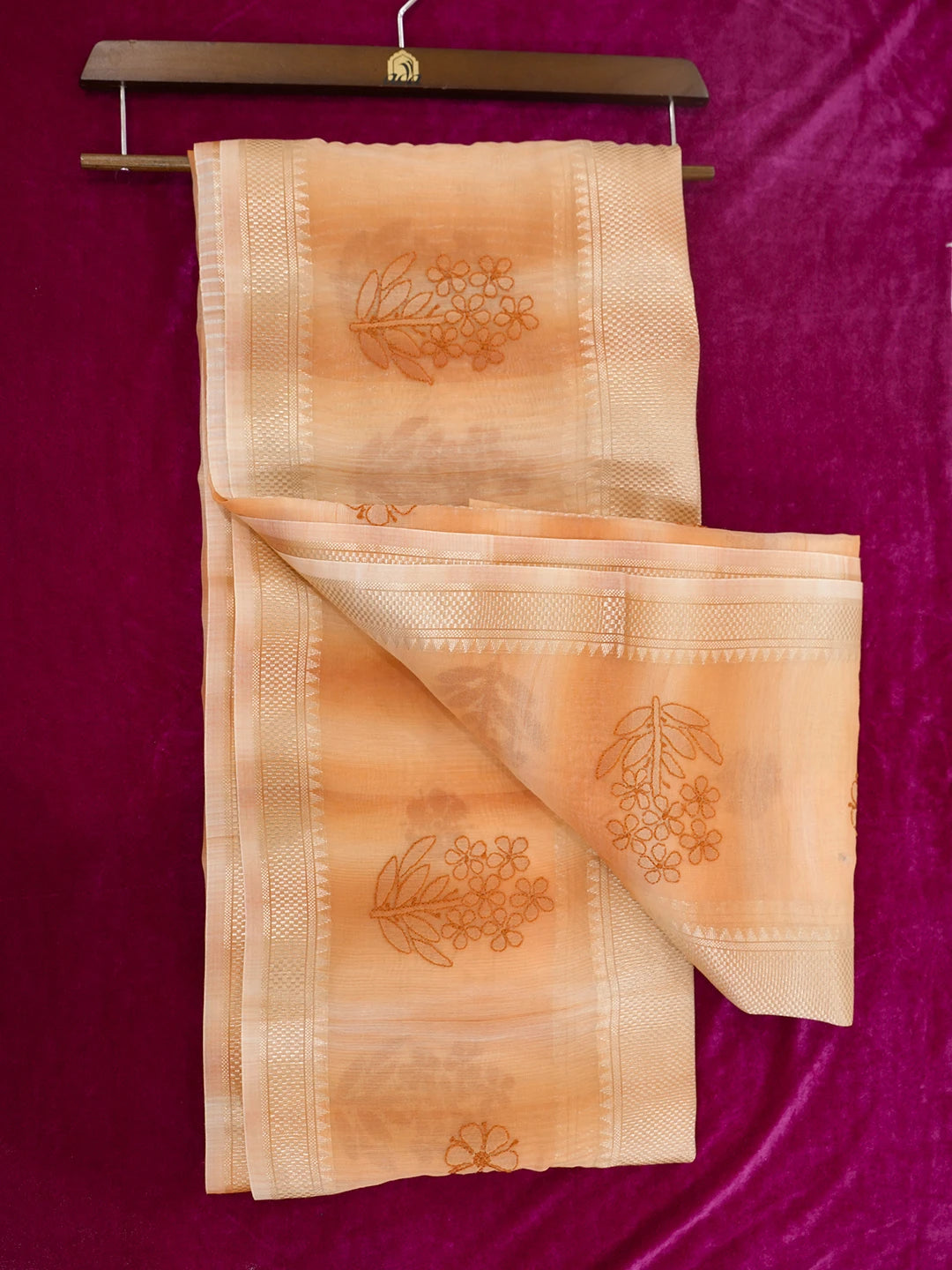 Ada Hand Embroidered Rust Chanderi Lucknowi Chikankari Saree and Blouse 01A401906