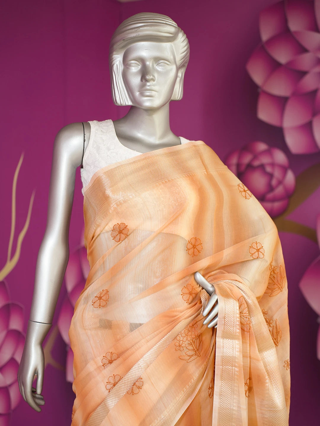 Ada Hand Embroidered Rust Chanderi Lucknowi Chikankari Saree and Blouse 01A401906