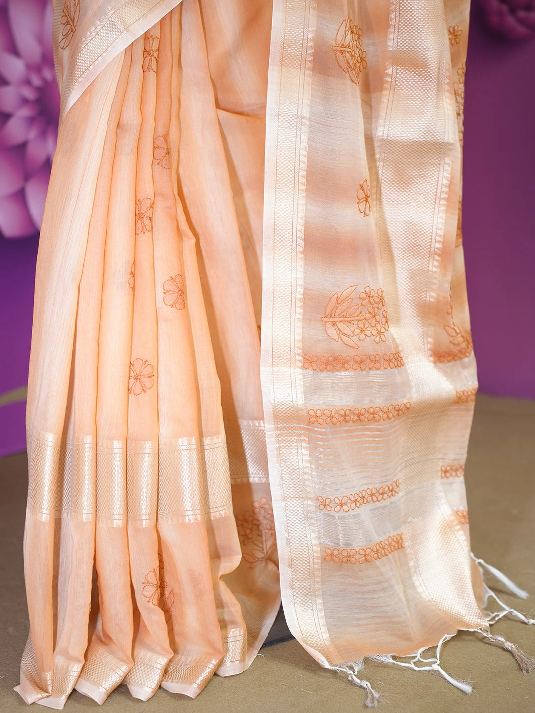 Ada Hand Embroidered Rust Chanderi Lucknowi Chikankari Saree and Blouse 01A401906