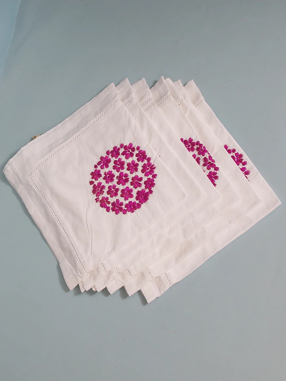 Ada Hand Embroidered White Cotton Lucknowi Chikan Napkin Set 01A507262