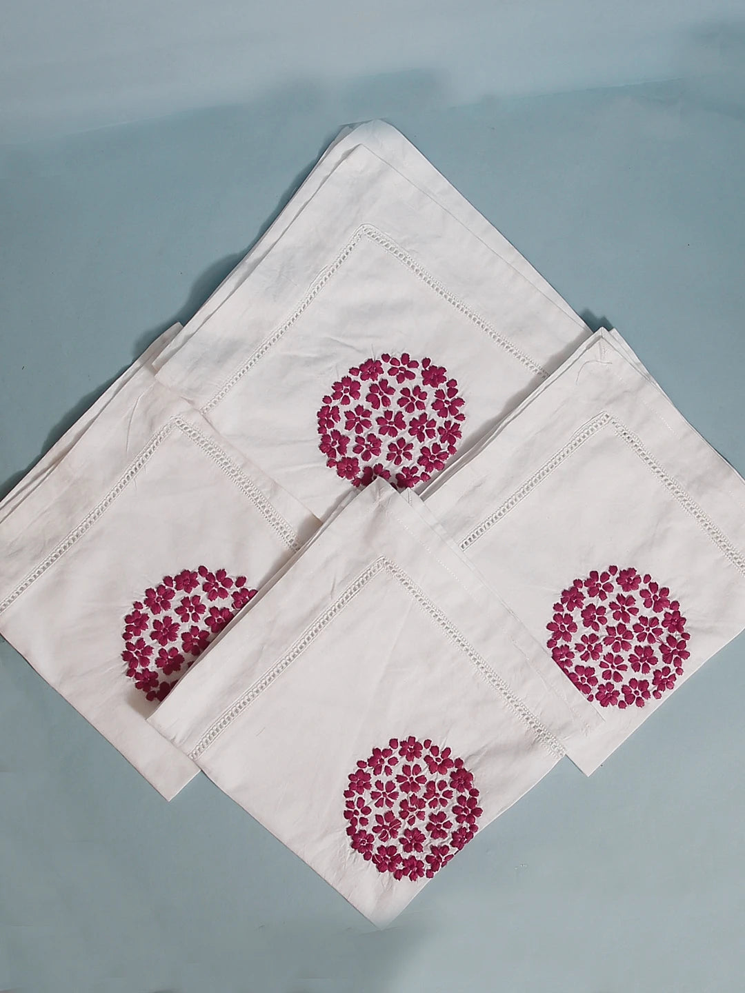 Ada Hand Embroidered White Cotton Lucknowi Chikan Napkin Set 01A507262
