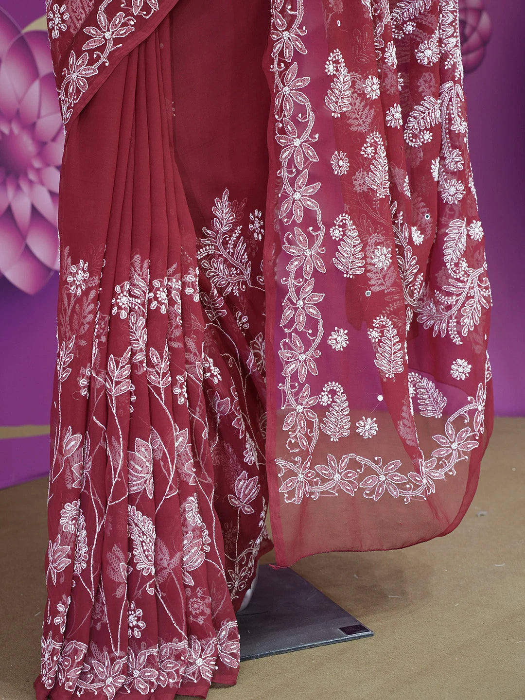 Ada Hand Embroidered Maroon Georgette Lucknowi Chikankari Saree and Blouse with Pearl Work 01A436136