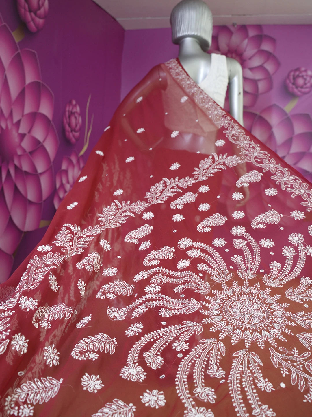 Ada Hand Embroidered Maroon Georgette Lucknowi Chikankari Saree and Blouse with Pearl Work 01A436136