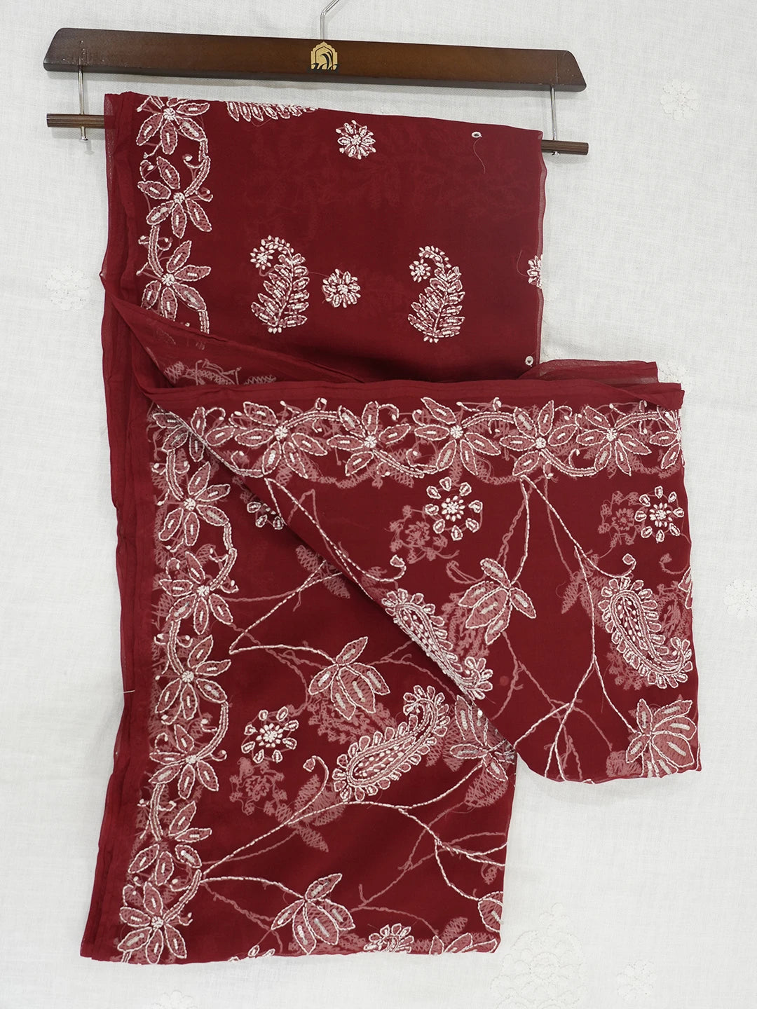 Ada Hand Embroidered Maroon Georgette Lucknowi Chikankari Saree and Blouse with Pearl Work 01A436136