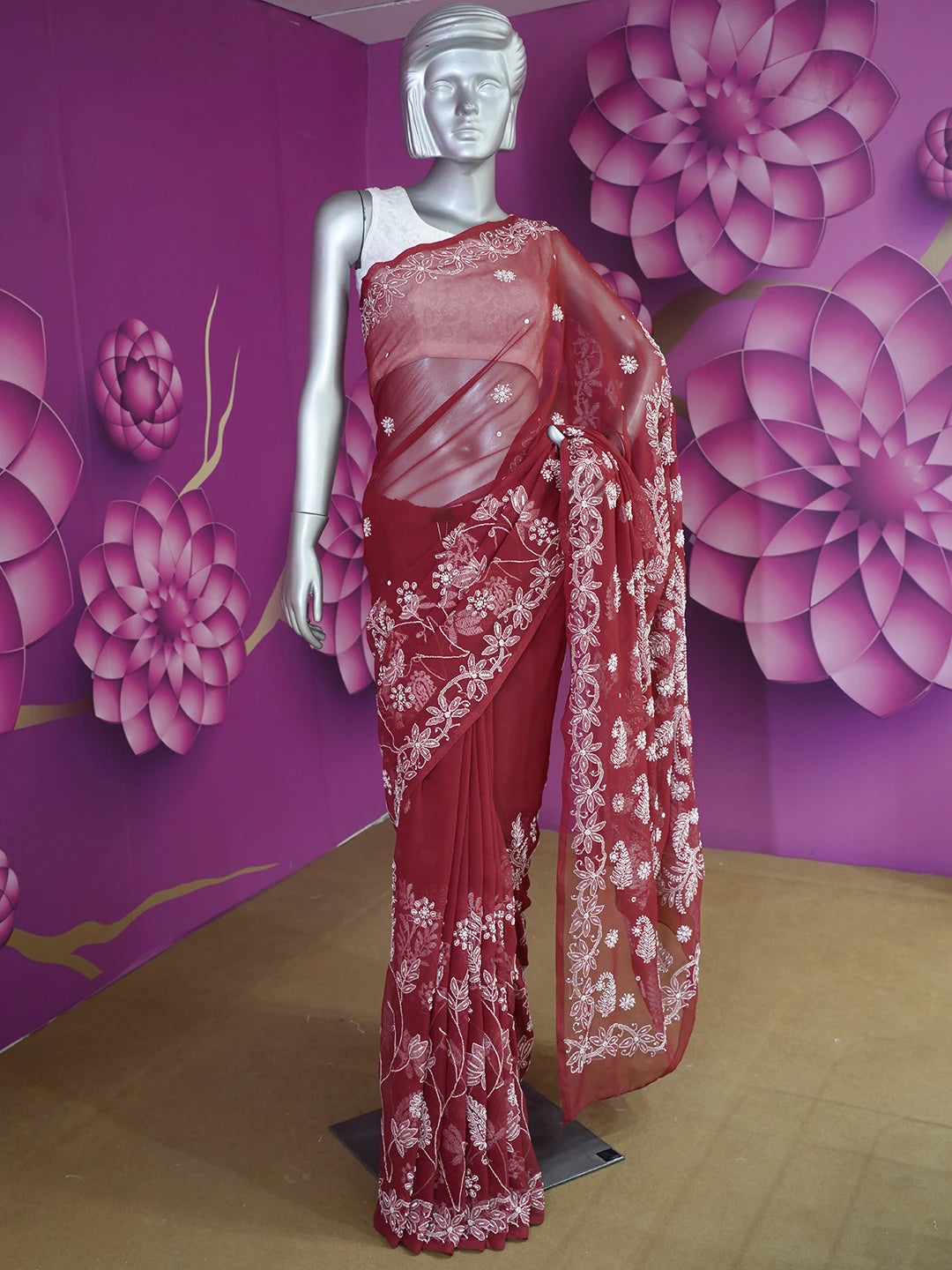 Ada Hand Embroidered Maroon Georgette Lucknowi Chikankari Saree and Blouse with Pearl Work 01A436136