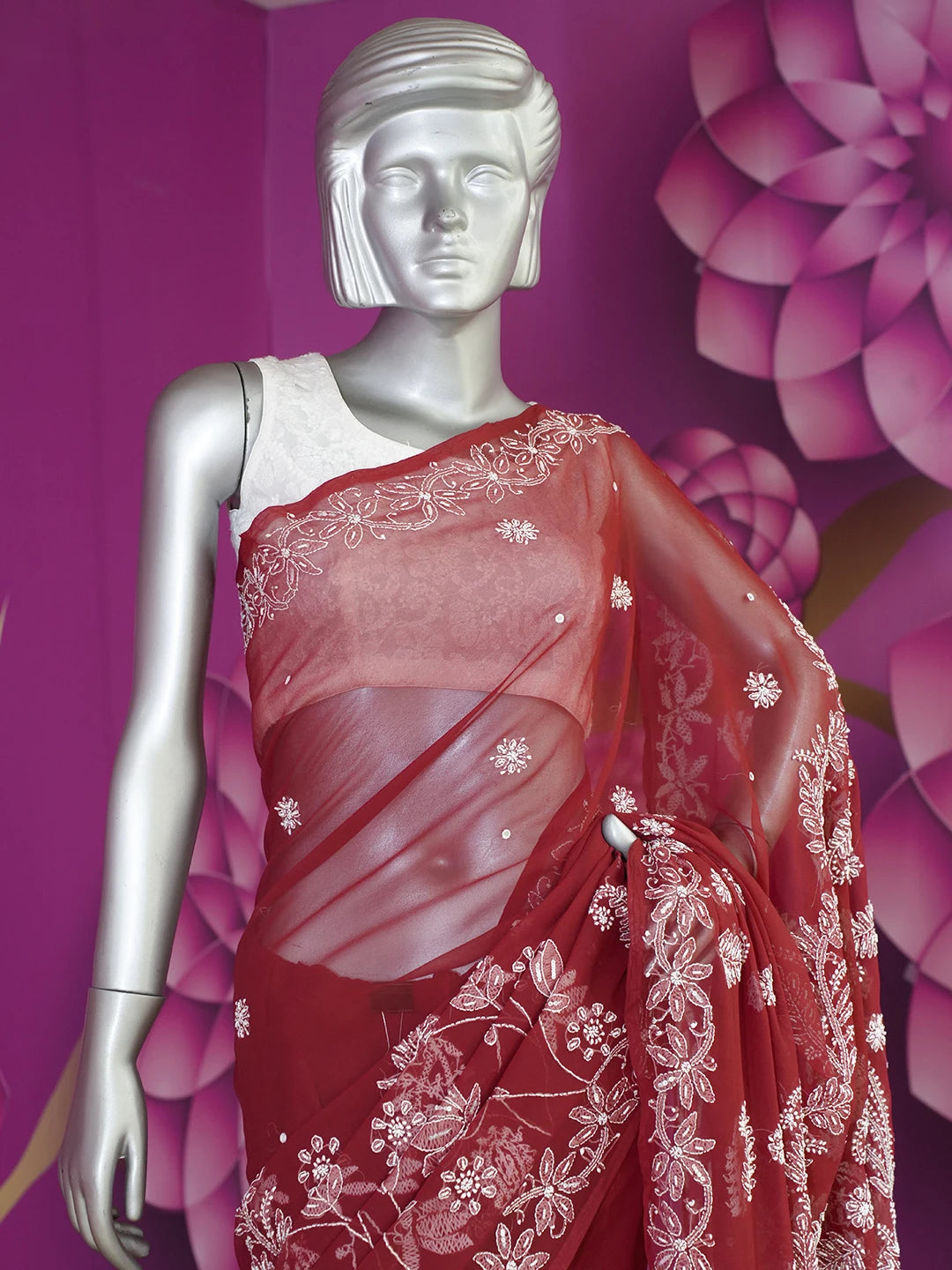 Ada Hand Embroidered Maroon Georgette Lucknowi Chikankari Saree and Blouse with Pearl Work 01A436136